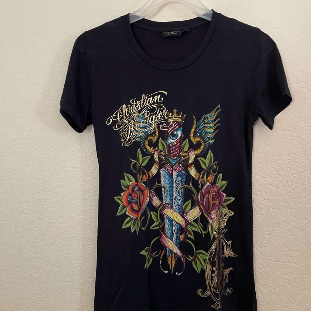 Vintage Christian Audigier T- Shirt tattoo Rhinestone Size L NWOT